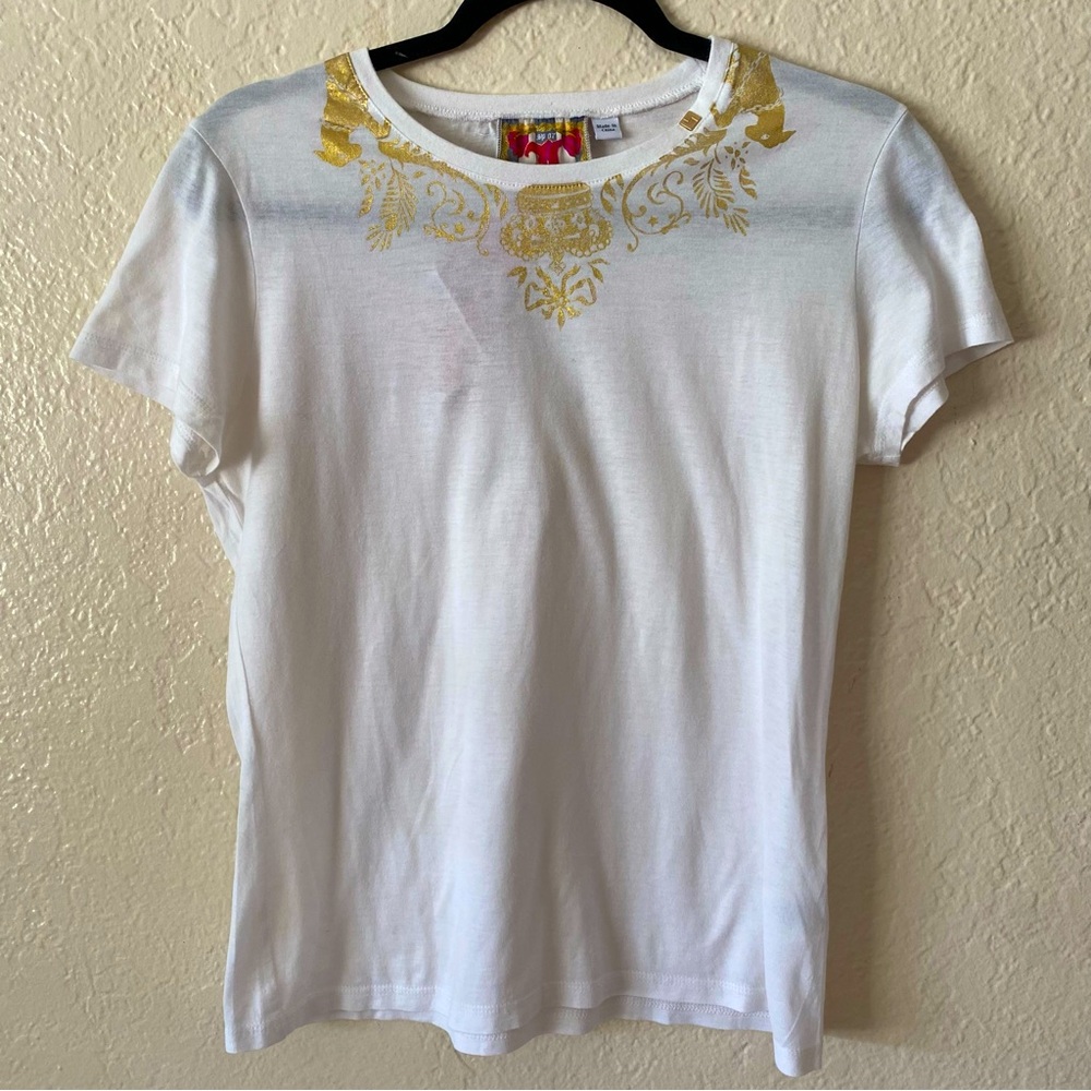L.A.M.B. White Short Sleeve Tee with Gold Foil Neck Detail